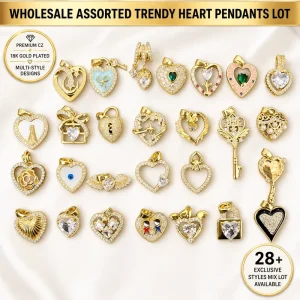 18k Plated Open Heart Pendant Hollow Bow Ribbon Heart Black Heart Enamel CZ Charm Fashion Jewelry Necklace Bracelet Accessories