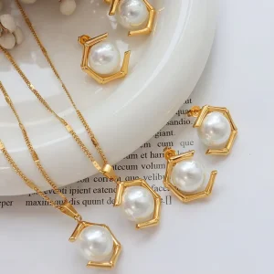 18k Pvd Gold Plated Pearl Necklace Earring Stainless Steel Pearl Jewelry Sets