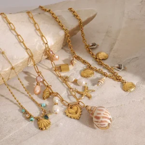 18k Pvd Gold Plating Stainless Steel Heart Shell Ceramic Coral Starfish Conch Sea Snail Fish Pearl Shell Ocean Necklace