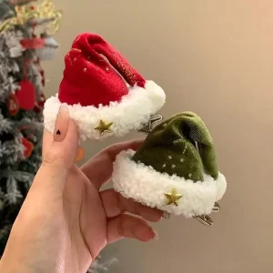 1PC Christmas Santa Hat Hair Clips Mini Red Green Festive Holiday Hair Accessories Girls Cute Polyester Barrettes