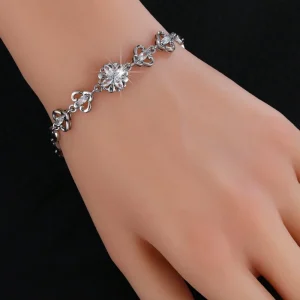 1Pc Trendy Women’s Alloy Chain & Link Bracelet with Micro Inlaid Crystal Rhinestone Flower Design for Party Wear
