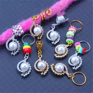 1bag Lingxing LQ767 Vintage Alloy Diamond Pearl Large Hole Small Pendant Wig Dirty Braid Hair Loop Hair Ring Headwear Party Home