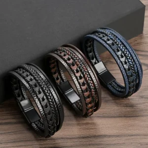 1pc Cross Border Jewelry for Men Multi Layer Braided Leather Rope Bracelet with Alloy Magnetic Clasp