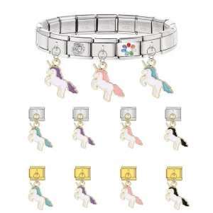 1pc Fashion Drip Glaze Pink Blue Purple Unicorn Pendant Italian Charm Link Fit 9mm Stainless Steel Bracelet Making Beads Jewelry