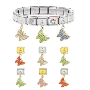 1pc Fashion Inlaid Zirconia Colours Butterfly Pendant Italian Charm Link Fit 9mm Stainless Steel Bracelet DIY Beads Jewelry