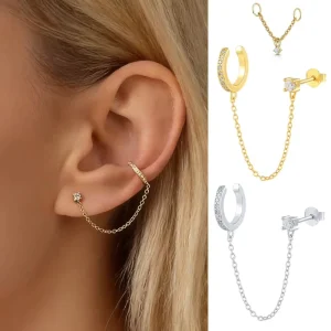 1pc Simple Style Piercing Stud Earring for Women Shiny Zircon Chain Clip Earring Accessory Gold Color Cartilage Fashion Jewelry