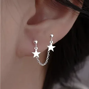 1pc Stainless Steel 18K Gold Plated Bohemian Charm Earrings Crystal Rhinestone Silvery Star Pendant Linked Chain Double Holes