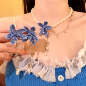2 Colors Fashion Beads Flower Women Earrings Pearl Long Tassel Korean Fashion Versatile Sweet Jewelry Set