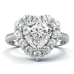 2 Karat Love Heart Shape Moissanite Ring Rhodium Plated Claw Setting Pave Setting S925 Silver Women’s Fashion