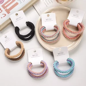 2 Pack Hand Woven Rainbow Hair Scrunchies Thick High Elastic Hair Ties Simple Ponytail Hair Accessories for Women