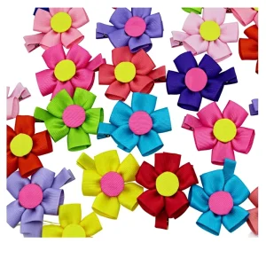 2 Pcs Set Handmade Sun Flower Ribbon Hair Clips for Girls Toddlers Kids Hair Accessories for Birthday Party School Daily Wear