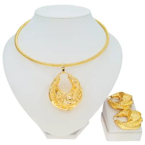 2 Piece Jewelry Set Gold Plated Pendant Necklace Earrings Bracelet Sets for Women