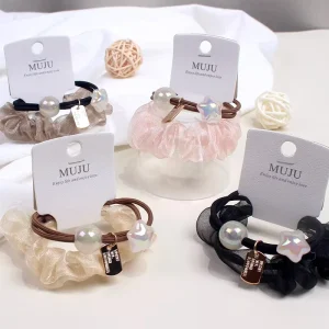 2-Piece Set Fashionable Light Luxury Pearl Flower Hair Rope Cute Card Hair Ties Hair Accessories for Girls and Women