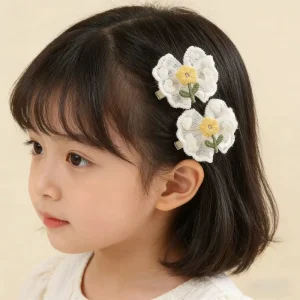 2 Pieces 5cm Sweet Lace Fabric Flower Children’s Princess Hairpin Baby Bow Hair Clip with Butterfly Design for Bangs