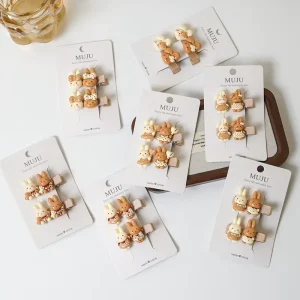 2 Pieces Cute Cartoon Rabbit Hair Clips for Girls Women Fabric Resin Hair Clips Set Beige Coffee Pins