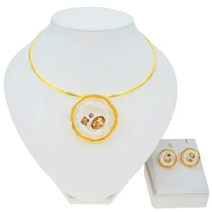 2 Pieces Dubai Fashion Jewelry Set Women Bridal Chain Necklace Earrings Bracelet Rings