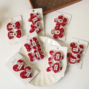 2 Pieces Red Flower Children’s Hairpins High-end Feel Bow Festive Hair Accessories Sweet Little Girl Bangs Clips