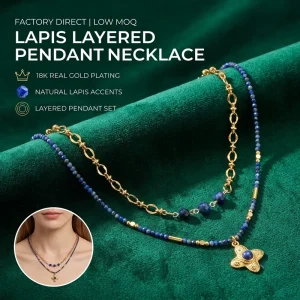 2 in 1 Layered Natural Lapis Lazuli Clover Pendant Necklace 18K Gold Plated Stainless Steel for Boho Boutiques OEM