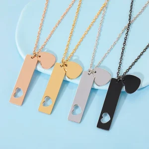 201 Stainless Steel Link Geometric Pendant Necklace Hollow Heart Bar Solid Heart Charm Custom Engravable Multi Color