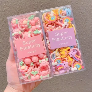 20pcs Box Cartoon Series Baby Hairbands Sweet Resin Fruit Elastic Rubber Bands Kids Hair Accessories