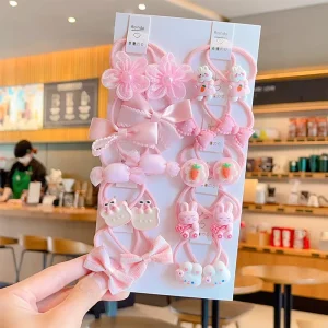 20pcs/bag Sweet Baby Girl Hair Rope Cartoon Pink Color Flower Kids Hair Rubber Band for Girls Kids