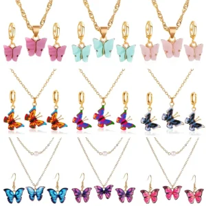 21year Factory Customization Fashion Butterfly Necklace Jewelry Set Butterfly Pendant Earrings Collars Sweet Girls Party Gift