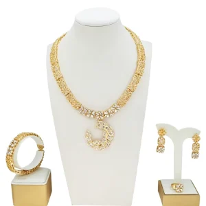 24K Gold Plated Baguette Rhinestones Floral Jewelry Set Necklace Earrings Bracelet & Ring African Fashion Women Accent