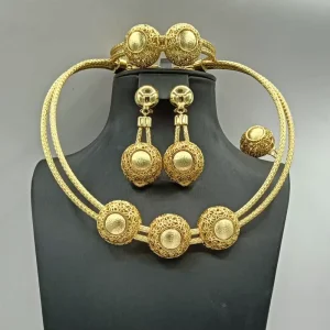 24K Gold Plated Filigree Ball Jewelry Set Mesh Choker Necklace Earrings Bracelet & Ring African Fashion