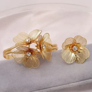 24K Gold Plated Flower Hollow Ring Bracelet Women’s Bridal Wedding Jewelry