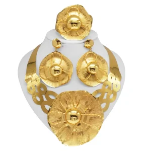 24K Gold Plated Flower Jewelry Set Statement Choker Necklace Earrings Bracelet & Ring African Fashion Jewelry