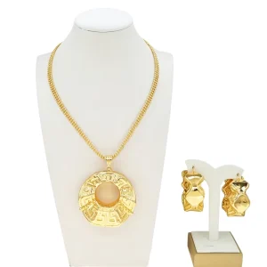 24K Gold Plated Geometric Greek Key Jewelry Set Pendant Necklace & Drop Earrings African Fashion Women Accent