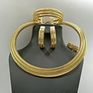 24K Gold Plated Herringbone Chain Jewelry Set Choker Necklace Earrings Bracelet & Ring African Fashion Women Accent