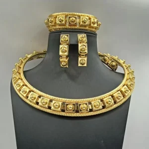 24K Gold Plated Square Stud Jewelry Set Choker Necklace Earrings Bracelet & Ring African Fashion Women Accessories