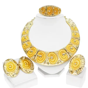 24K Gold Plated Yellow Enamel Swirl Jewelry Set Necklace Earrings Bracelet & Ring African Fashion for Women