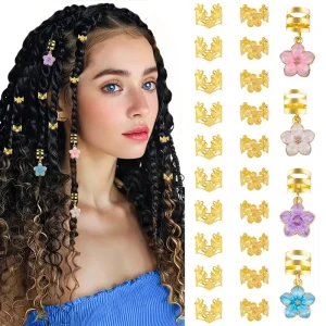 24Pcs Alloy Hair Braid Cuffs Colorful Camellia Flower Dangle Charms DIY Dreadlock Bead Women Braiding Hair Accessories