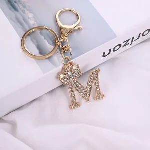 26 Initial Letter Rhinestone Keychain for Women Charm Crystal Crown Gold Plated Ring Bag DIY Accessories Car Key Chains