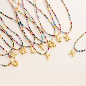 26 Letter Stainless Steel Pendant Bohemian Style Imitation Pearl Colored Natural Stone Bead Necklace
