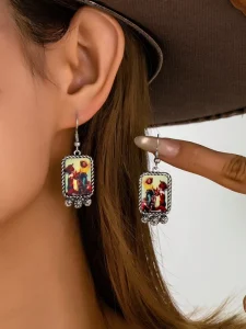 26 Western Till Retro Vintage Rodeo Print Statement Cowboy Cowgirl Horse Heart Oval Cluster Dangle Earrings for Women Jewelry