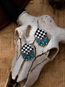 26 Western Till Retro Vintage Turquoise Texas Cowboy Black and White CheckeredPendant Dangle Earrings for Women Fashion Jewelry