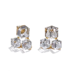 2874 Stainless Steel Three K9 Crystal Stud Earrings Irregular Square Shiny Stone Earrings Jewelry