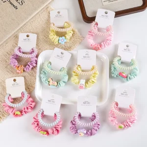 2PCS Kids Spiral Hair Ties & Fabric Scrunchies with Cartoon Resin Charms Macaron Mix Colors