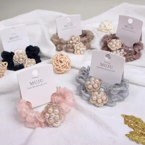 2PCS SET Fashionable Light Luxury Summer Colorful Organza Pearl Flower Hair Rope Hair Accessories Card Hair Ties for Girls Women