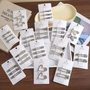 2PCS Silver Metal Hair Clips 5.8cm Geometric Heart Star Hairpins Custom Logo Barcoded Carton Retail Ready Small MOQ