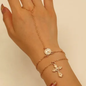 2Pcs Set Charms Cross Pendants Copper Chain Finger Bracelet for Women Trendy Lady Stacked Hand Chain Accessories Fashion Jewelry