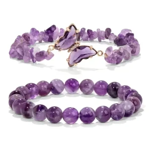 2pcs Crystal Butterfly Bracelet Natural Healing Rose Quartz Obsidian Beaded Anxiety Bracelet Gift Fashion Crystal Bracelet Set