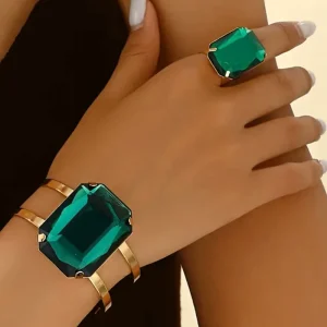 2pcs Gold Plated Green Emerald Open Ring Bangle Set Women Big Rectangle Green Crystal Bracelet Jewelry Set
