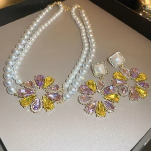 2pcs Set Baroque Pearl Jewelry Set Colorful Crystal Pearl Flower Acrylic Choker Necklaces Earrings for Wedding Party