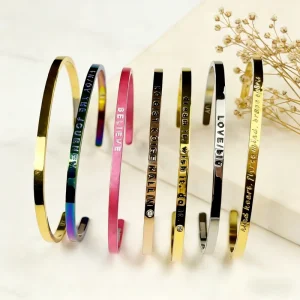 3 4mm Stainless Steel C Shape Bangle 18K Gold Plated Trendy Custom Inspirational Quote Engraved Personalized Unisex