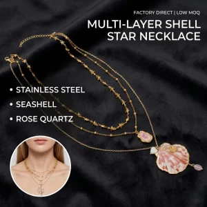 3 Layer Pink Natural Seashell Summer Beach Boho Jewelry Stainless Steel Gold Plated Layered Necklace