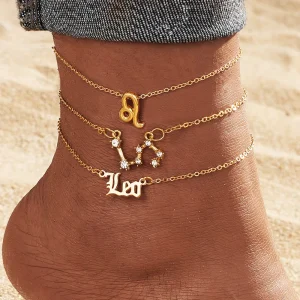 3 PCS Set Gold Color Horoscope Ankle Fashion Zircon Crystal Gold Plated Foot Chain 12 Zodiac Sign Anklet for Girls Women